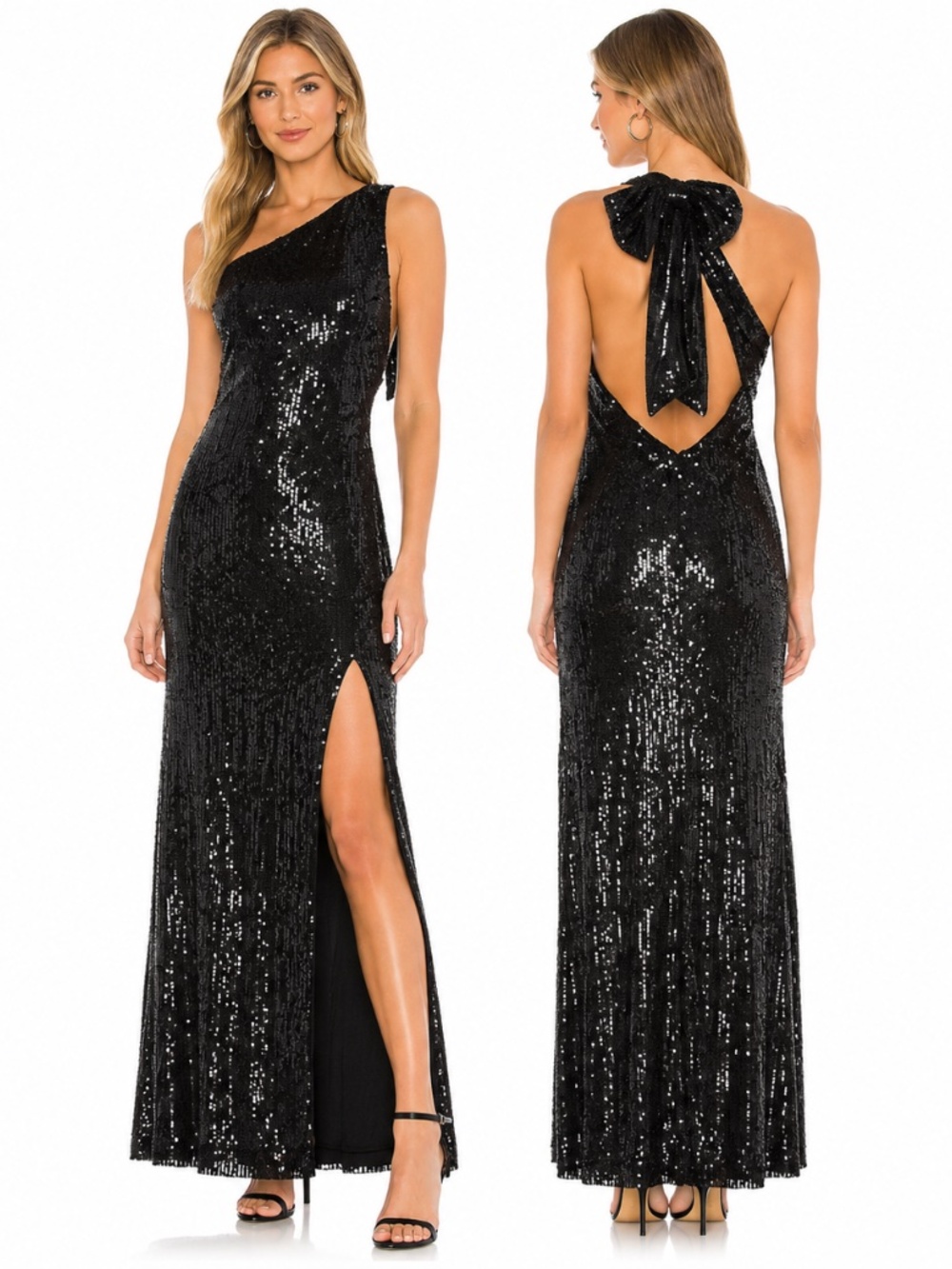 Mac Duggal. Sequined One Shoulder Back Bow Detail Gown. 93580